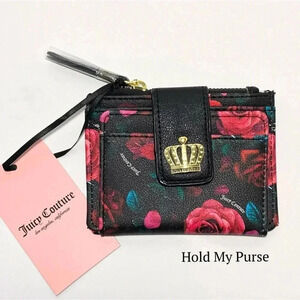 Juicy Couture Black Floral Card Case Tab Wallet